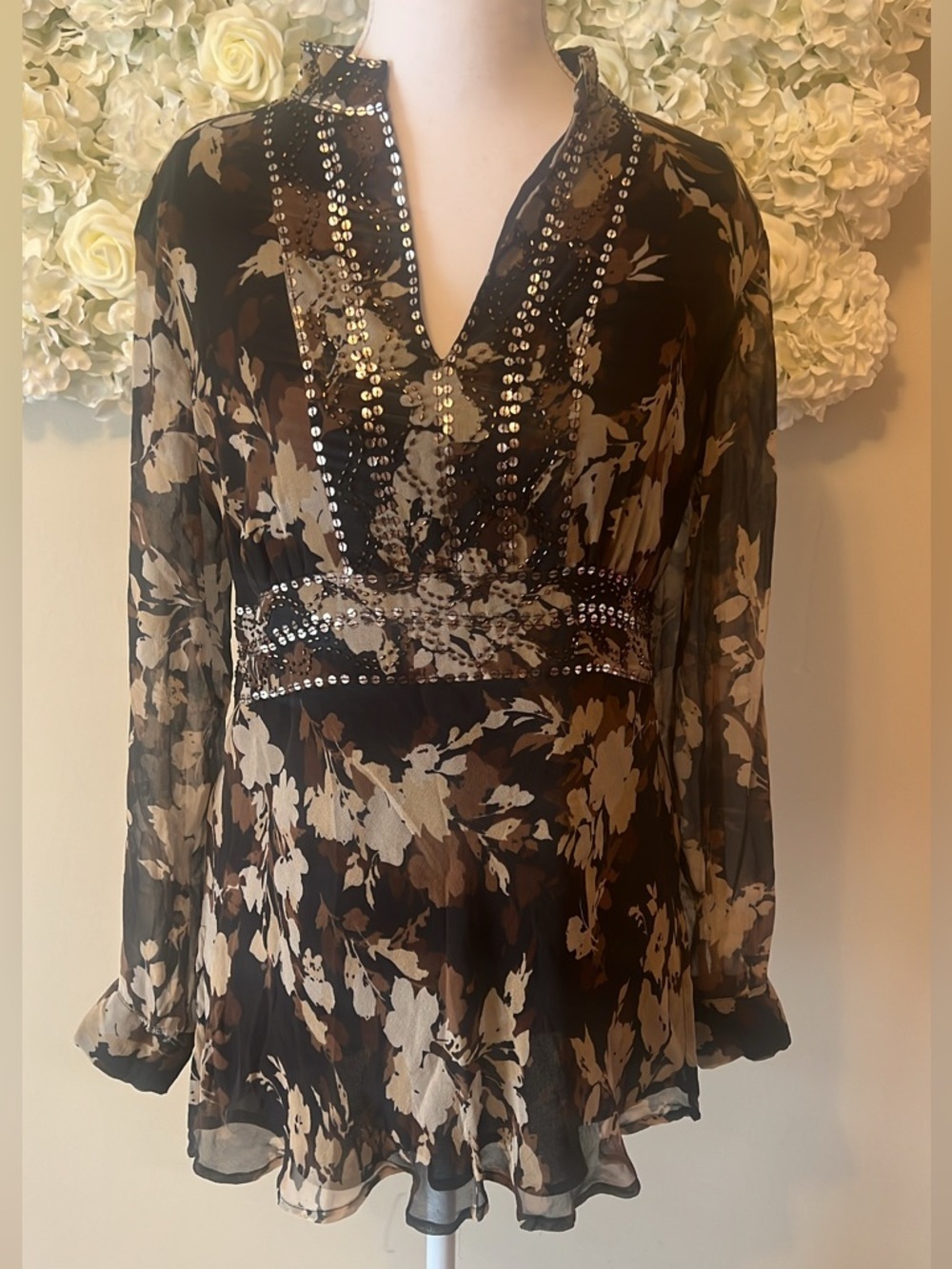 Sheer Black & Brown Floral Sequin 100% Silk Top Flawed